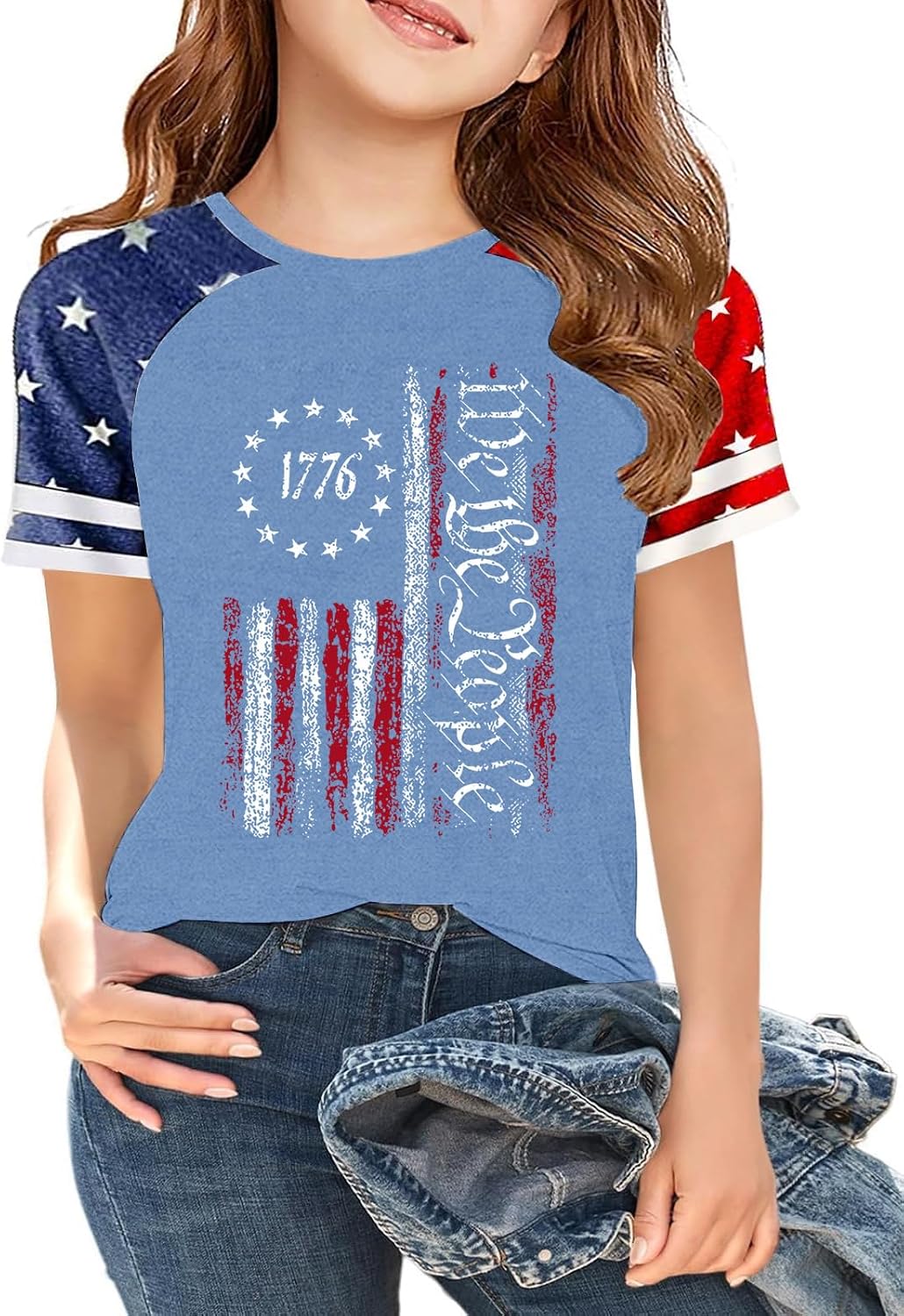 Oxyral Girls 4th of July Shirt American Flag T-Shirt USA We The People Patriotic Tee for 5-14Years Unisex Kids