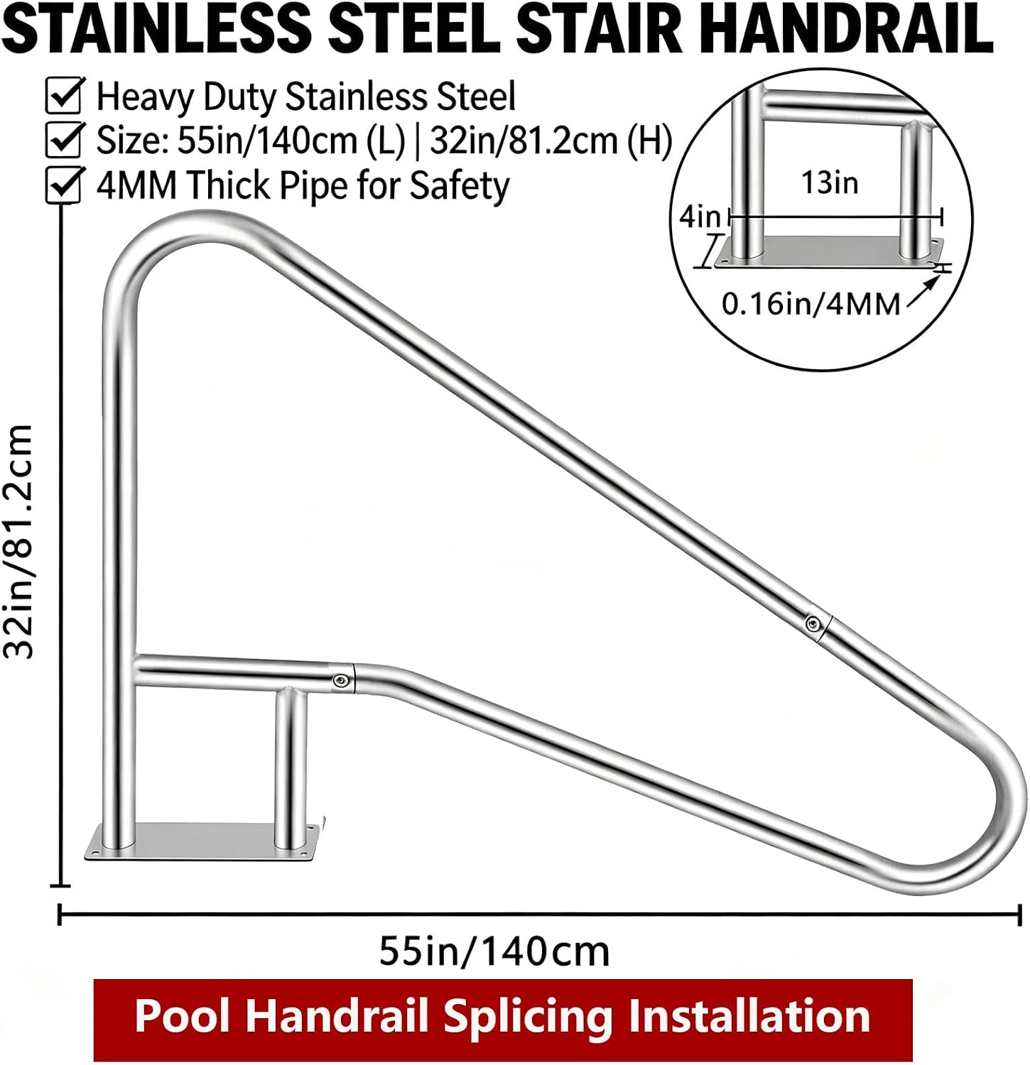 Garvee Pool Handrail dimensions and features
