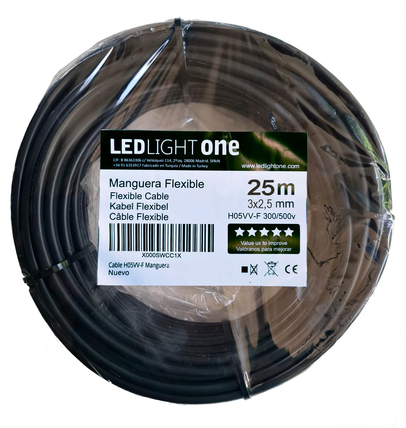 Cable Eléctrico H05VV-F Manguera 3x2,5mm 25m Negro Tensión de Servicio 500v Temperatura Máxima de Trabajo 70º Conductor de Cobre Electrolítico Clase 5 con Cubierta de PVC