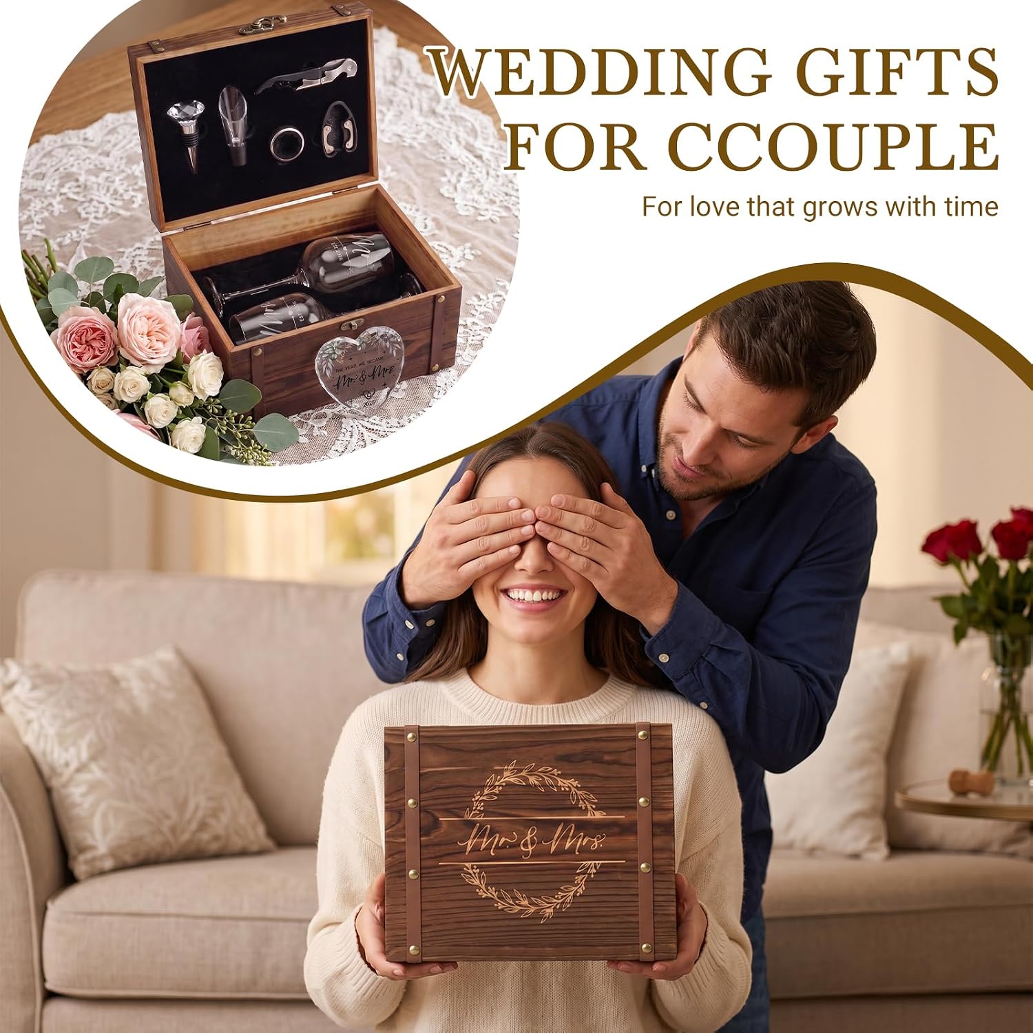 Wedding Gifts for Couples 2026 - Mr and Mrs Gifts Wine Glass Set with Engraved Wooden Box & 5 Wine Accessories - Engagement Gifts for Couples, Bridal Shower Gifts for Bride, Newlyweds & Anniversary