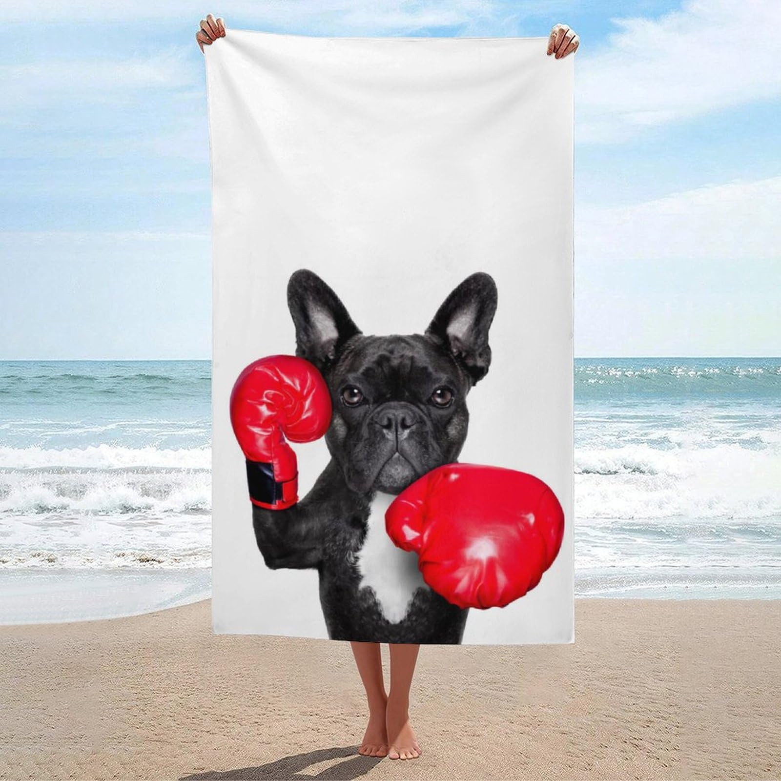 LEDFCVSU Beach Towel, French Bulldog Boxer Bath Towel, Absorbent Towel for Swimming, Sports, Travel