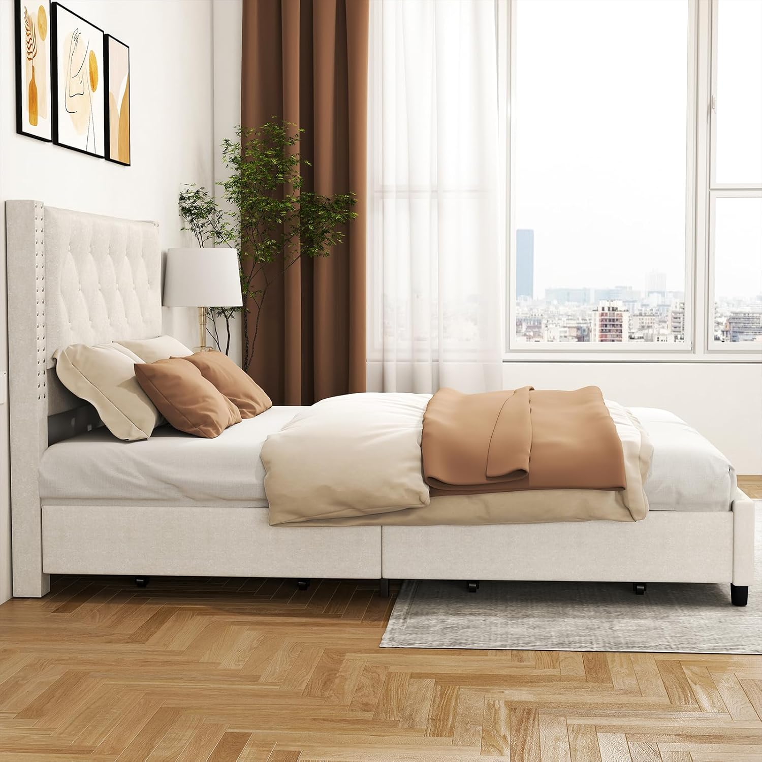 EVLIQUIL Bed Frame Full Size with 4 Storage Drawers, Upholstered Headboard & Frame, Sturdy Metal Frame & Wood Slats, Platform Bed Frame No Box Spring Needed, Easy Assembly, Beige