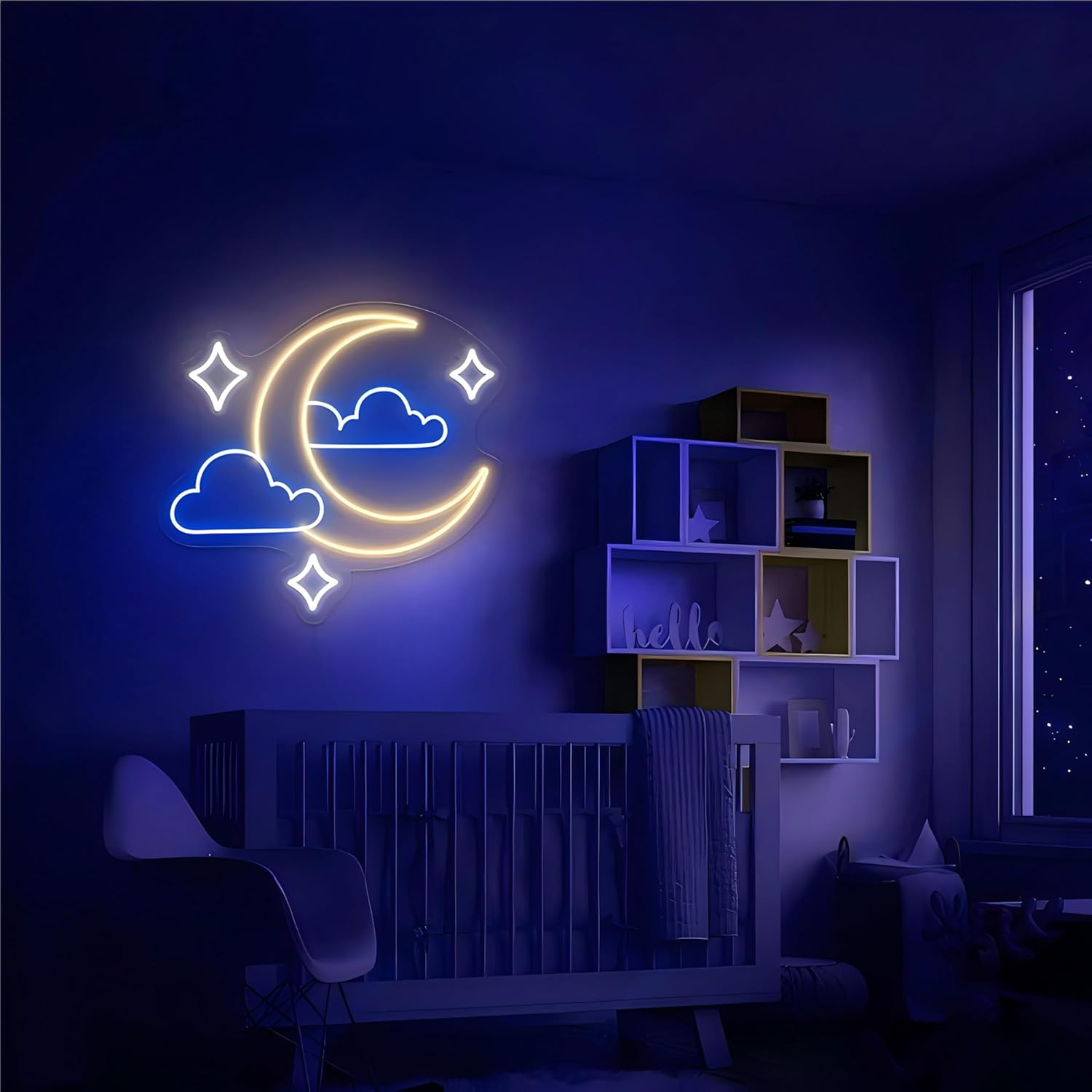 Moon Star Cloud Neon Sign - Moon Star Cloud LED Light for Kids, Teens, Baby Bedroom, Game Room Wall Decor - Dimmeable Premium USB Powered Neon Night Light with On/Off Switch - 14x13-Inch