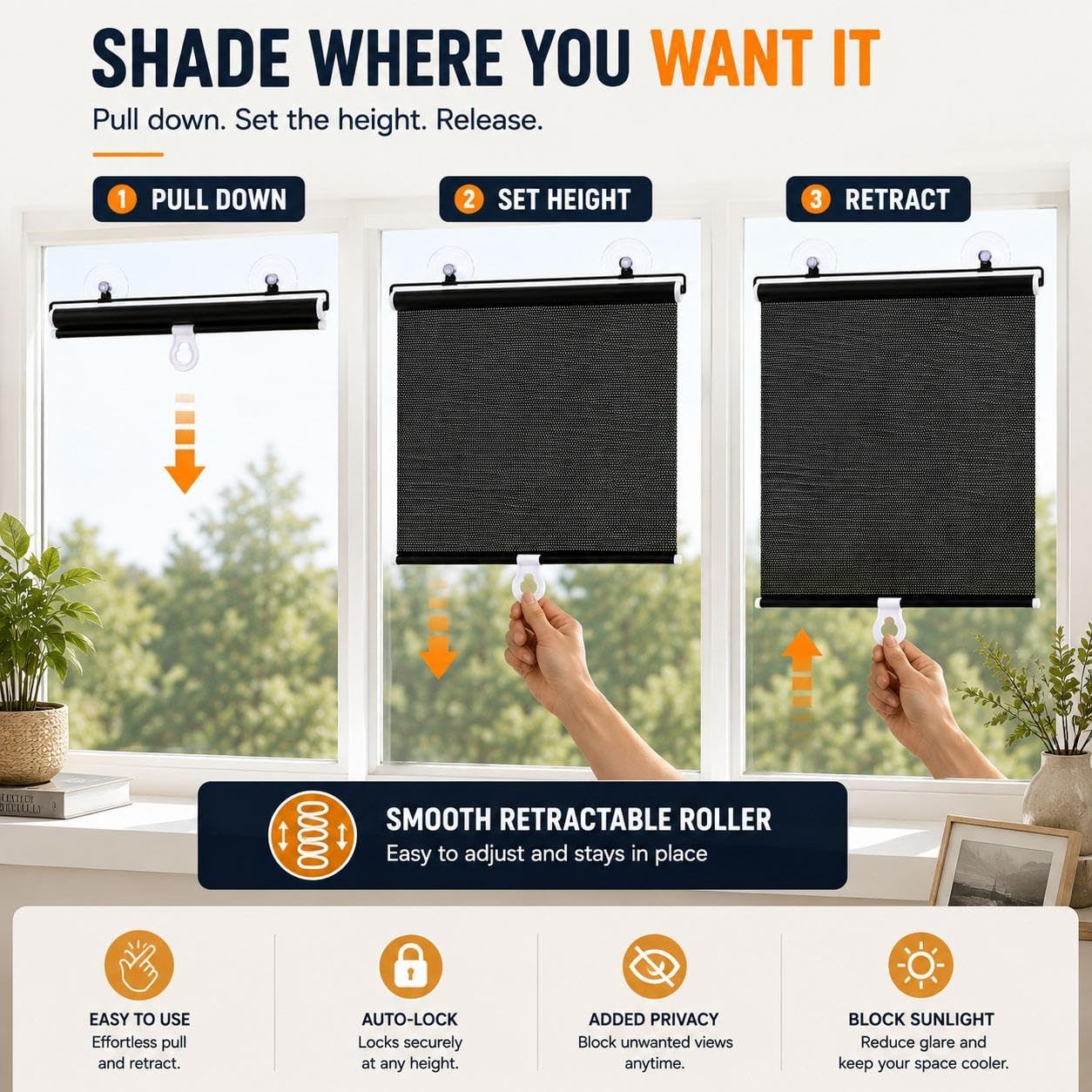 Store Enrouleur à Ventouses pour Fenêtre, sans Perçage, Pare-Soleil Rétractable, Protection UV Anti-Éblouissement et Intimité pour Chambre, Bureau, Véranda, Voiture(W 75 x 140 cm)