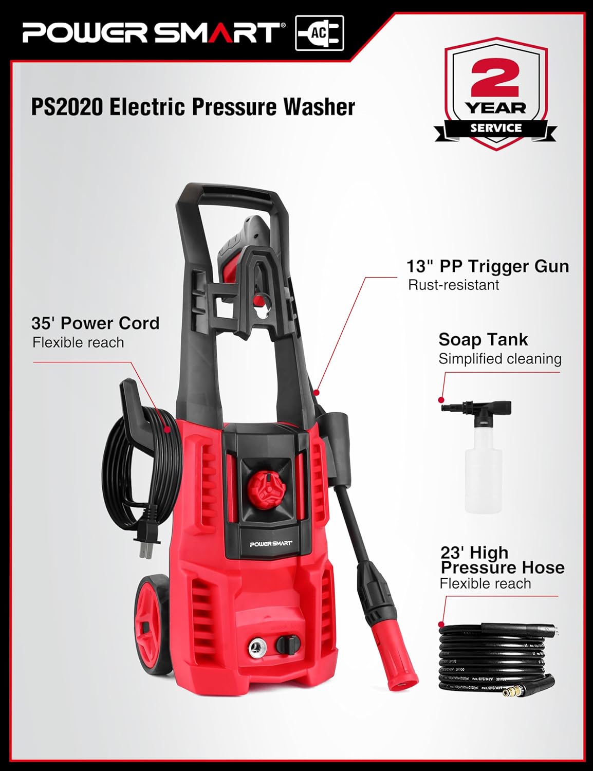 PowerSmart Pressure Washer, with Foam Cannon, Adjustable Nozzles for Cars, Bicycle, Siding, Patios PS2020 (Light-Duty)