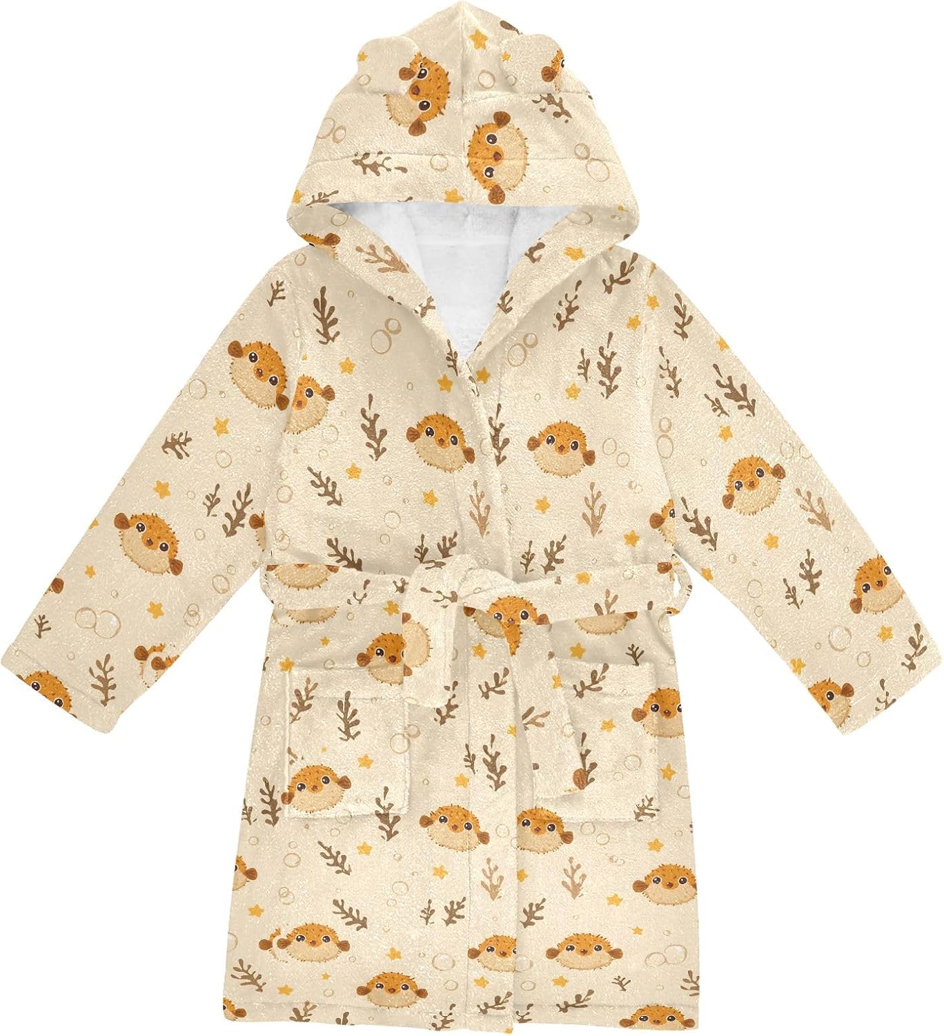 Pufferfish Pattern Toddler Hooded Bathrobe for Boys Girls Soft Plush Bath Towel Robe 2-12 Years