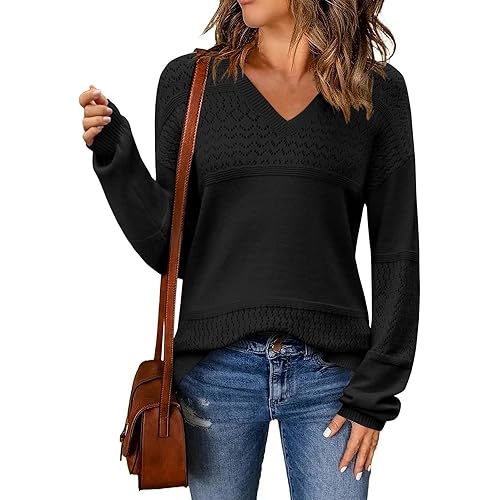 Women Sweaters Crochet Hollow Solid Color Pullover Casual Long Sleeve V Neck Tunic Tops Knitted Ribbed Sweater