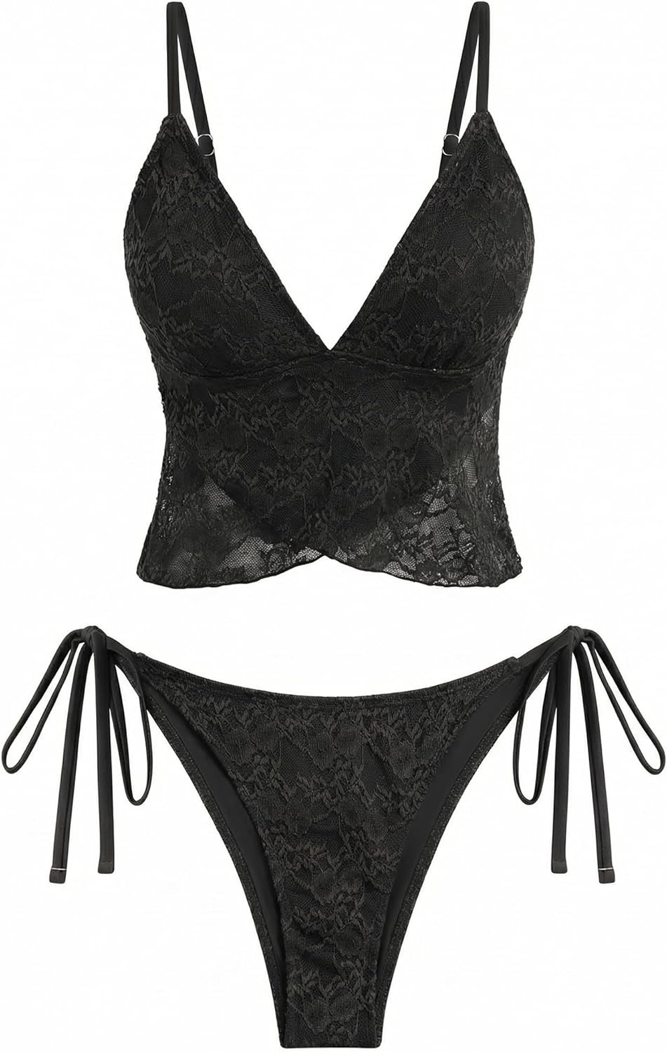 ZAFUL Womens Lace Jacquard Tankinis V Neck Tummy Control 2 Pieces Bathing Suit High Cut Thong Tie Side Swimsuits