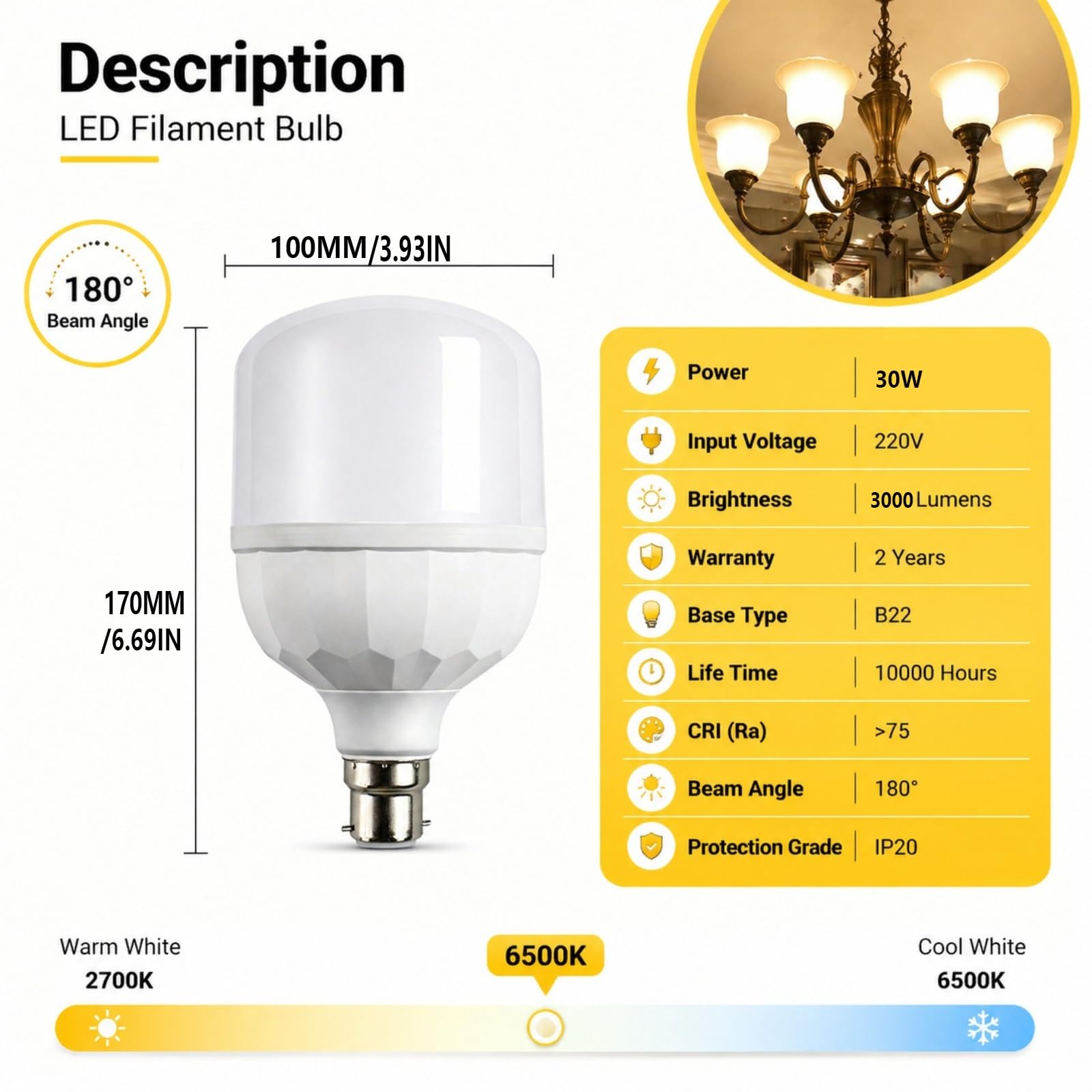 Lampadina LED B22 a baionetta 30W Luce Bianca Fredda 6500K equivalente 300W Anti-sfarfallio Lunga durata per Soggiorno Camera da letto Cucina Non dimmerabile(6 Pack)
