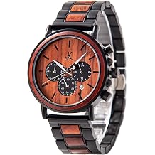Kim Johanson Military* Wooden Stainless Steel Watch for Men in Brown Chronograph with Stopwatch & Date Handmade Quartz Analogue Watch Gift Adjustable Strap Includes Watch Box
