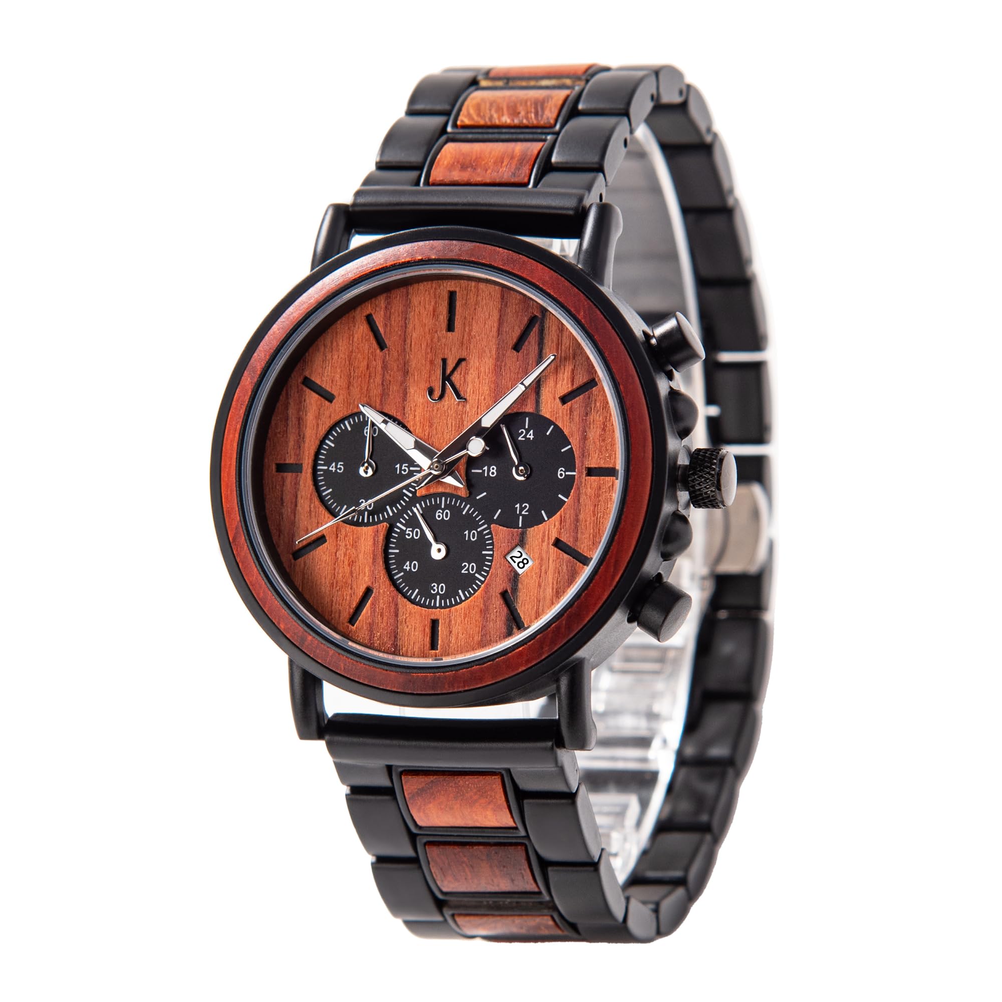 Kim Johanson® Holz-Edelstahl Armbanduhr *Military* für Herren in Braun | Chronograph mit Stoppuhr & Datum | Handgefertigt | Quarz | Analog Uhr | Geschenk | Verstellbares Armband | Inkl. Uhrenbox