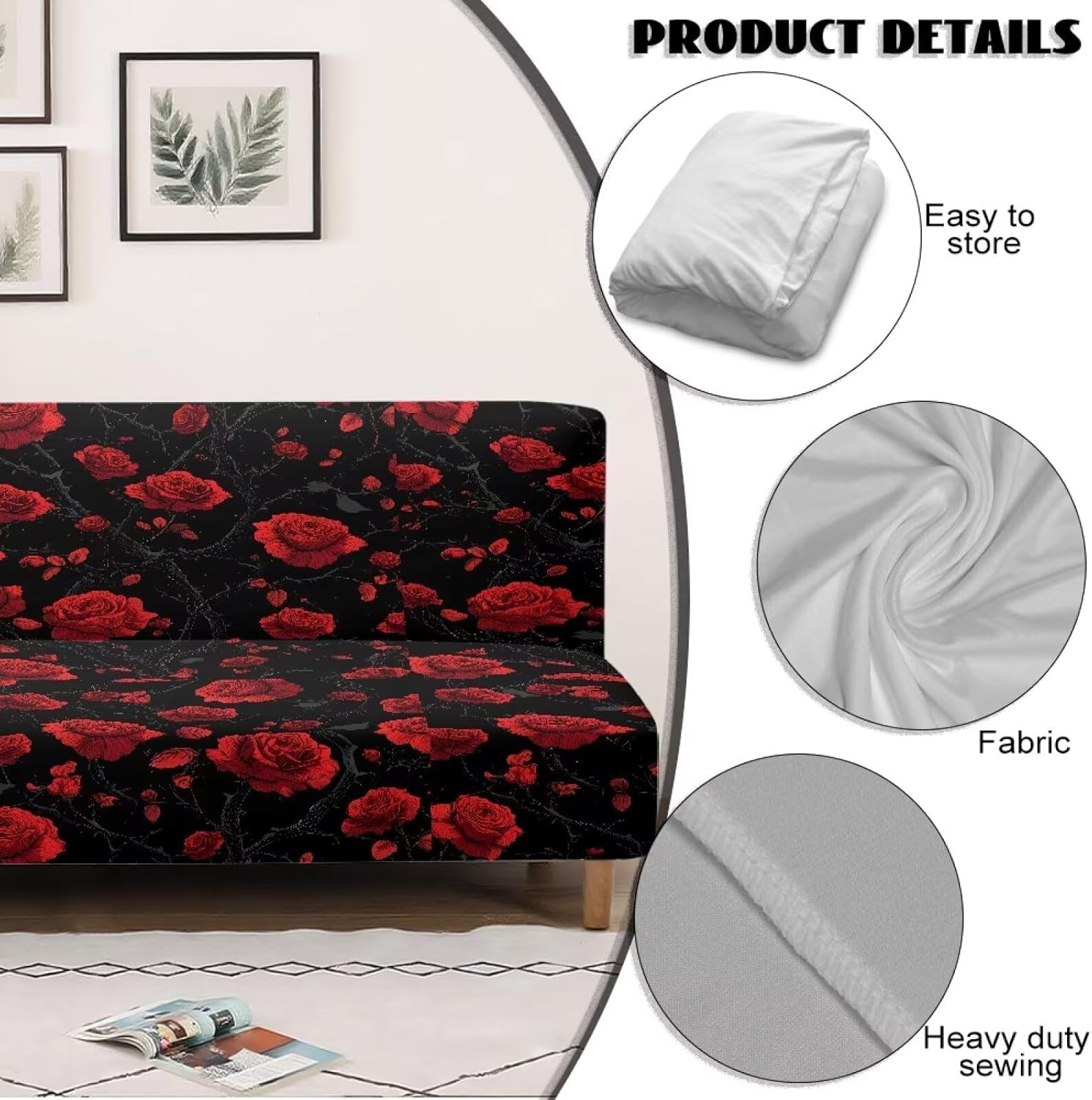 Rose Print Red Black Non Slip Futon Cover, Armless Washable Couch Cover for Futon, Stretchy Sofa Cover, Scratch Resistant Furniture Protector for Pets, Dog and Cat