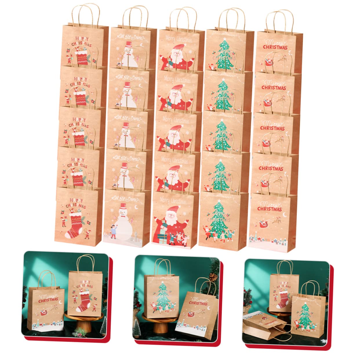 BCOATH 25pezzi Sacchetti Regalo di Carta Natalizi Manici Sacchetti per Dolcetti da Festa per Bomboniere di Natale Forniture Natalizie
