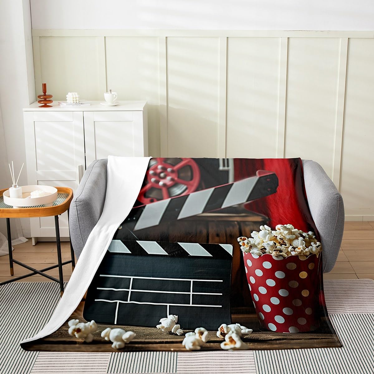 Erosebridal Movie Theater Throw Blanket Throw 50x60,Vintage Cinema Popcorn Fleece Blanket for Boys Girls,Retro Film Clapper Flannel Blanket,Filmstrip Projector Wooden Bed Blanket Sofa Bed Couch Decor
