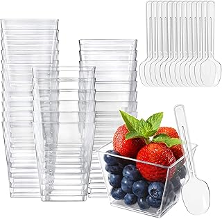 AcbbMNS 50Pack 120ml/4oz Square Mini Dessert Cups with Spoons Clear Plastic Small Cups Party Appetizer Cups Parfait Yogurt...