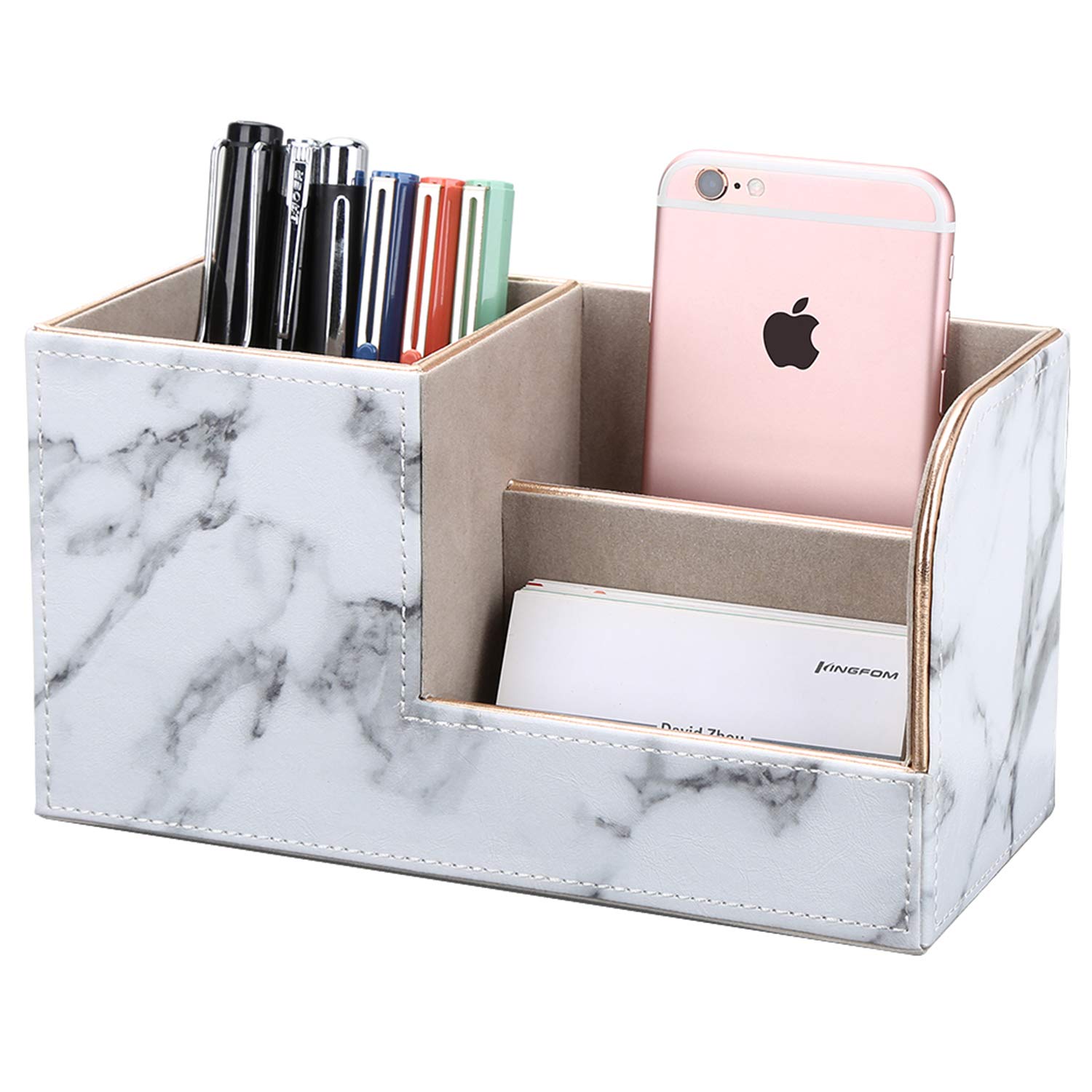KINGFOMWooden Struction Leather Multi-function Desk Stationery Organizer Storage Box Pen/Pencil,Cell phone, Business Name Cards Remote Control Holder Colors (S-Gray Marble + Gold Line)