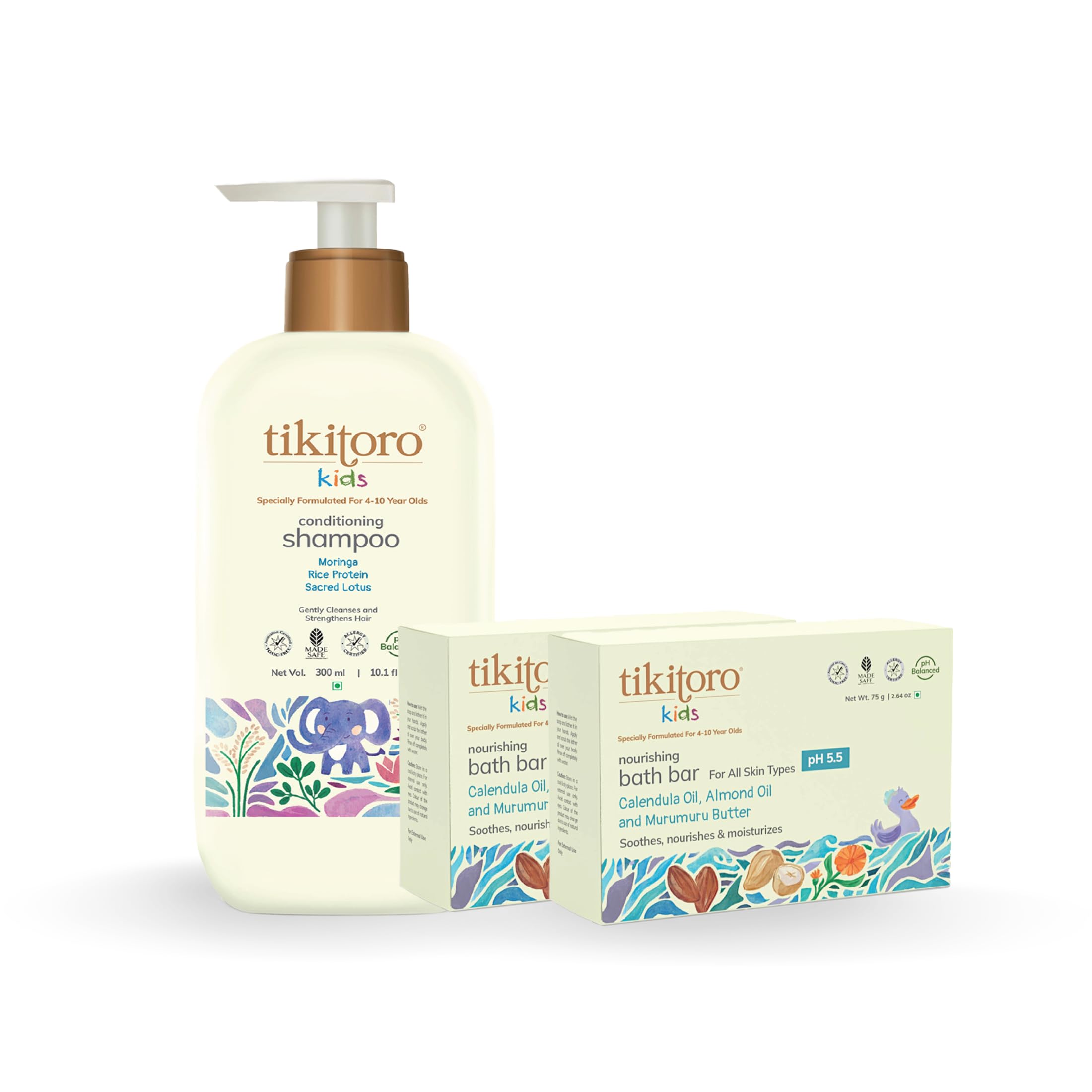 Tikitoro Kids Shampoo with Bath Bar Combo Pack of 2 | 100% Vegan, Conditions Hair and Scalp | Nourishes and Moisturizes Skin (4-10 Years) (300ml x 1 and 75g x 2)-image-7