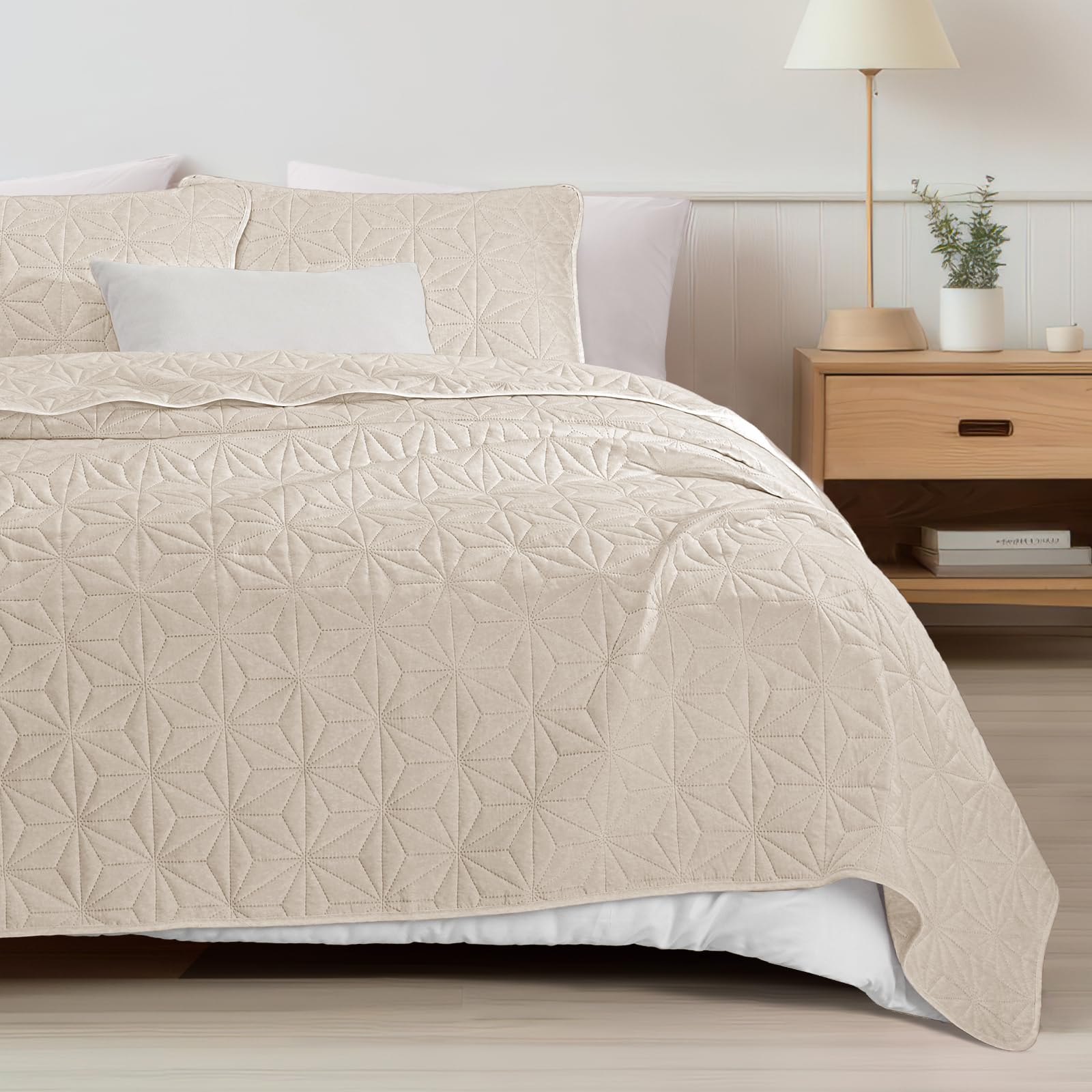 Whale Flotilla Couvre-Lit 240x260 cm avec 2 Taies d'oreiller, Dessus de Lit Gaufré Doux Léger avec Motif Géométrique pour 4-Saisons, Beige