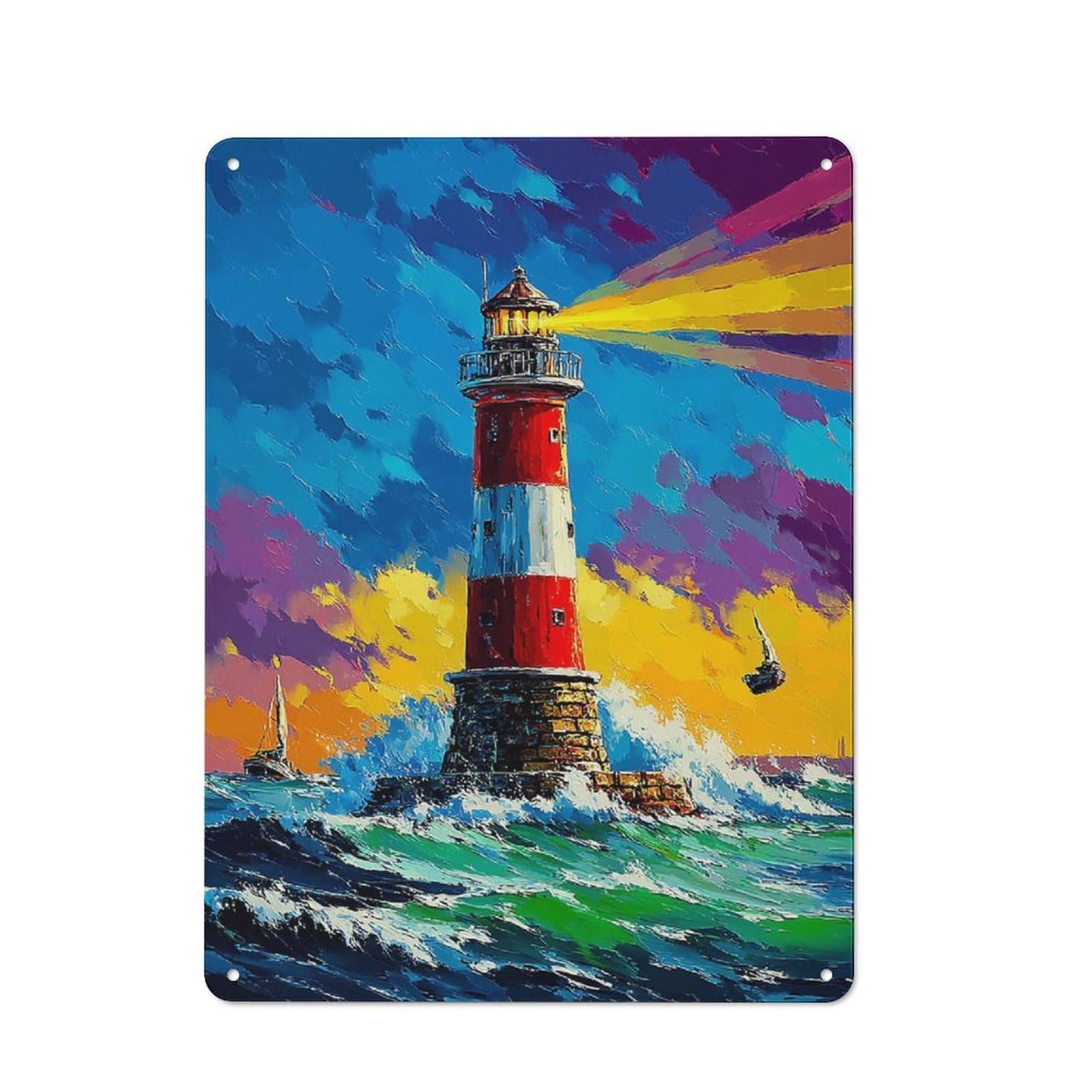 Junmoney Colorful Lighthouse Painting Metal Wall Plaque With Design 40X30cm, Old Fashioned Vintage Wall Decor For Living Room, Hallway, Kitchen Or Cafe