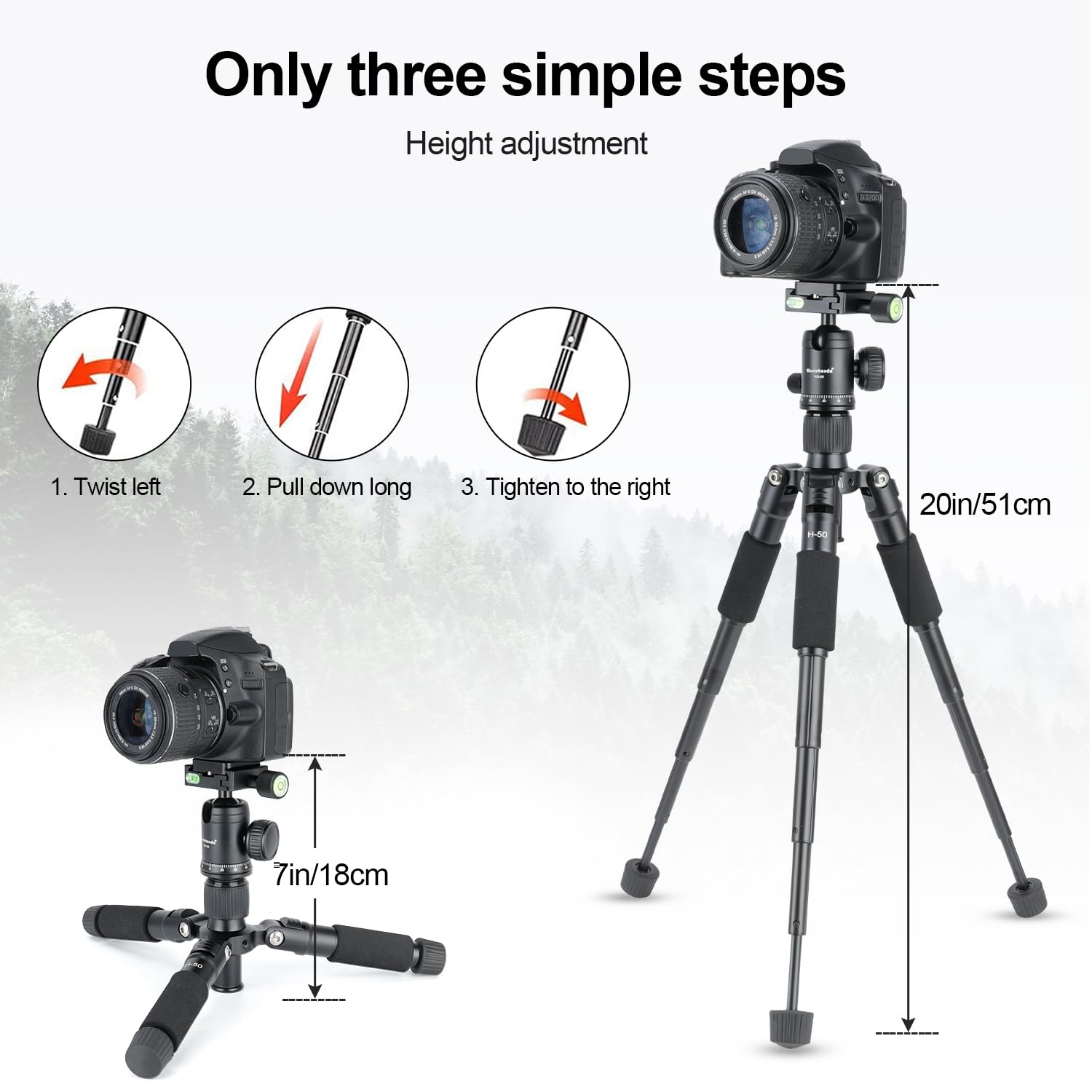 Koolehaoda Mini trépied Portable en Alliage d'aluminium Hauteur 51 cm avec rotule 360 ​​degrés et Sac pour Appareil Photo Reflex numérique, caméscope vidéo. Charge jusqu'à 5 kg - (H-50)