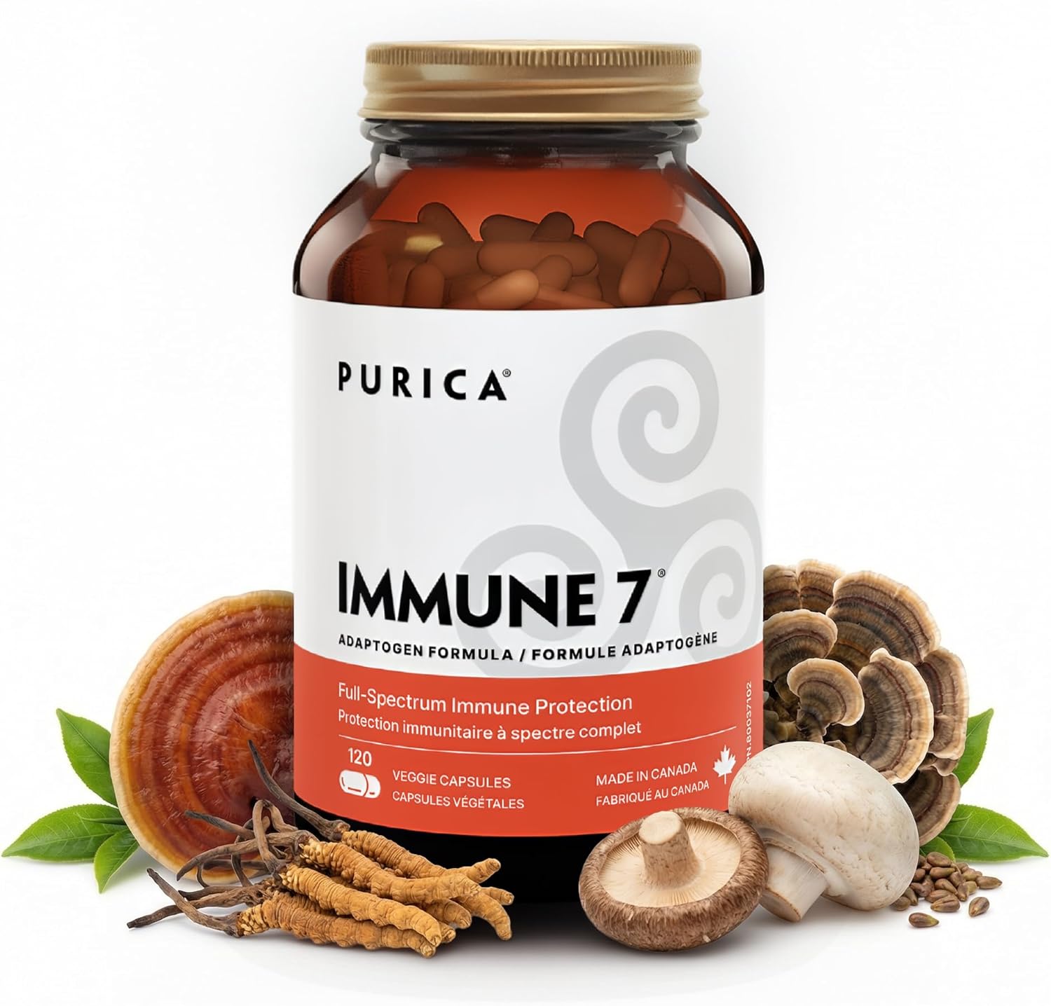 PURICA - Immune 7 Complex, 120 Vegan Capsules 120-Day Supply - Blend of Organic Sun Mushroom, Cordyceps, Red Reishi, Maitake, Shiitake & Turkey Tail for Daily Wellness & Balance, Non-GMO & Gluten-Free