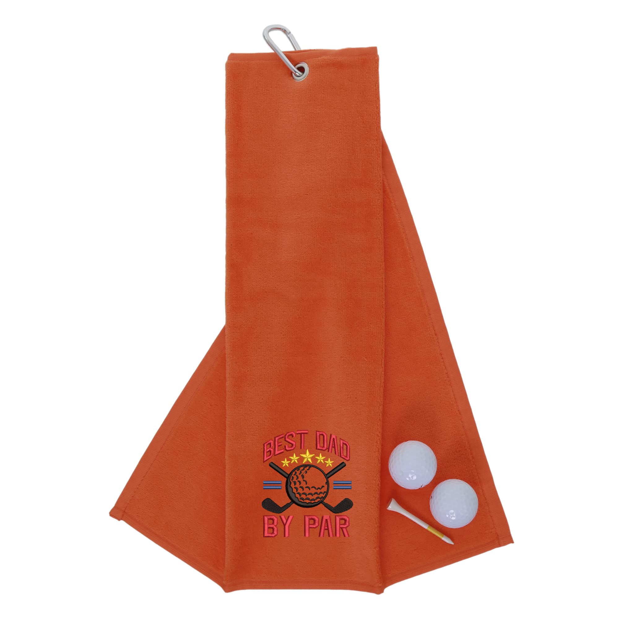 aztex Tri-Fold Golf Towel with Novelty 'Best Dad By Par' Embroidery, Metal Carabiner Clip, Cotton Velour, 590gsm, Orange