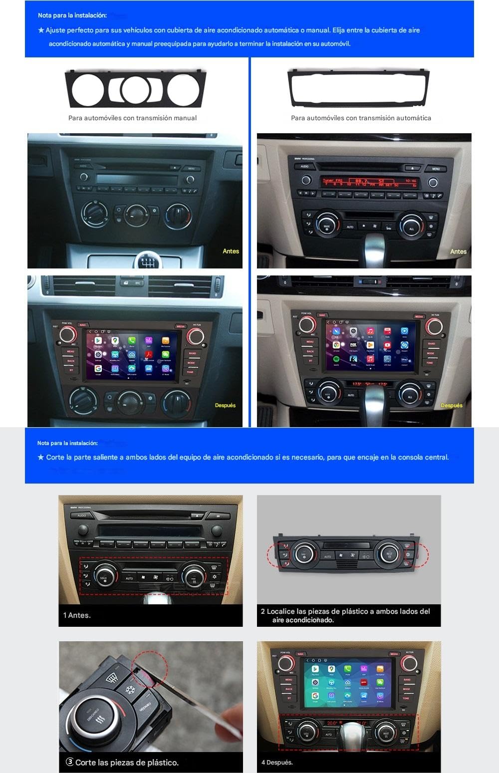 Android 14 Radio Coche para BMW Serie 3 E90 Berlina E91 Touring E92 Cupé E93 M3 Bluetooth 5.1 CarPlay Android Auto Pantalla Táctil Navegador GPS WiFi Canbus SWC RDS FM Am 4G Dab+
