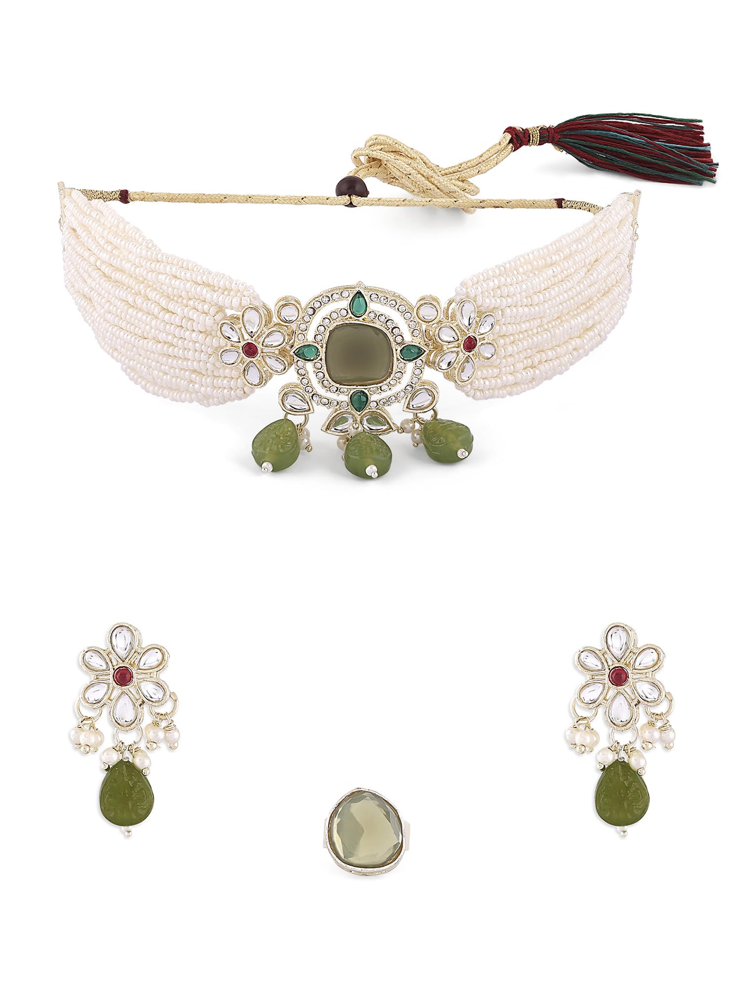 ZAVERI PEARLS Green Multistrand Kundan & Beads Choker Necklace Earring & Ring Set For Women-ZPFK16572 (B0CKHZHHNB) Amazon Price History, Amazon Price Tracker