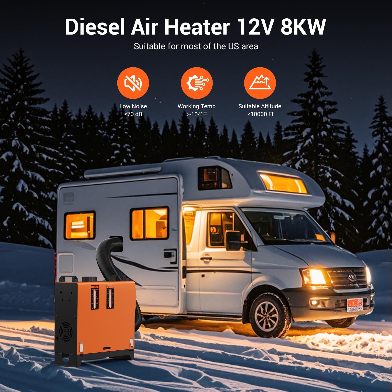 8 kW 12 V, wielofunkcyjny, przenośny podgrzewacz powietrza na olej napędowy z 5-litrowym zbiornikiem paliwa, regulowana temperatura ogrzewania 46,4 °F-96,8 °F, sterowanie zdalne i LCD, do samochodów