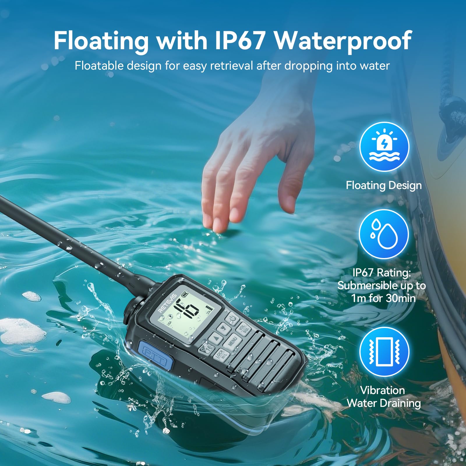 Retevis RM01P Marine Walkie Talkie IP67 Impermeabile VHF 88 Canali 1750mAh Tipo C Nero