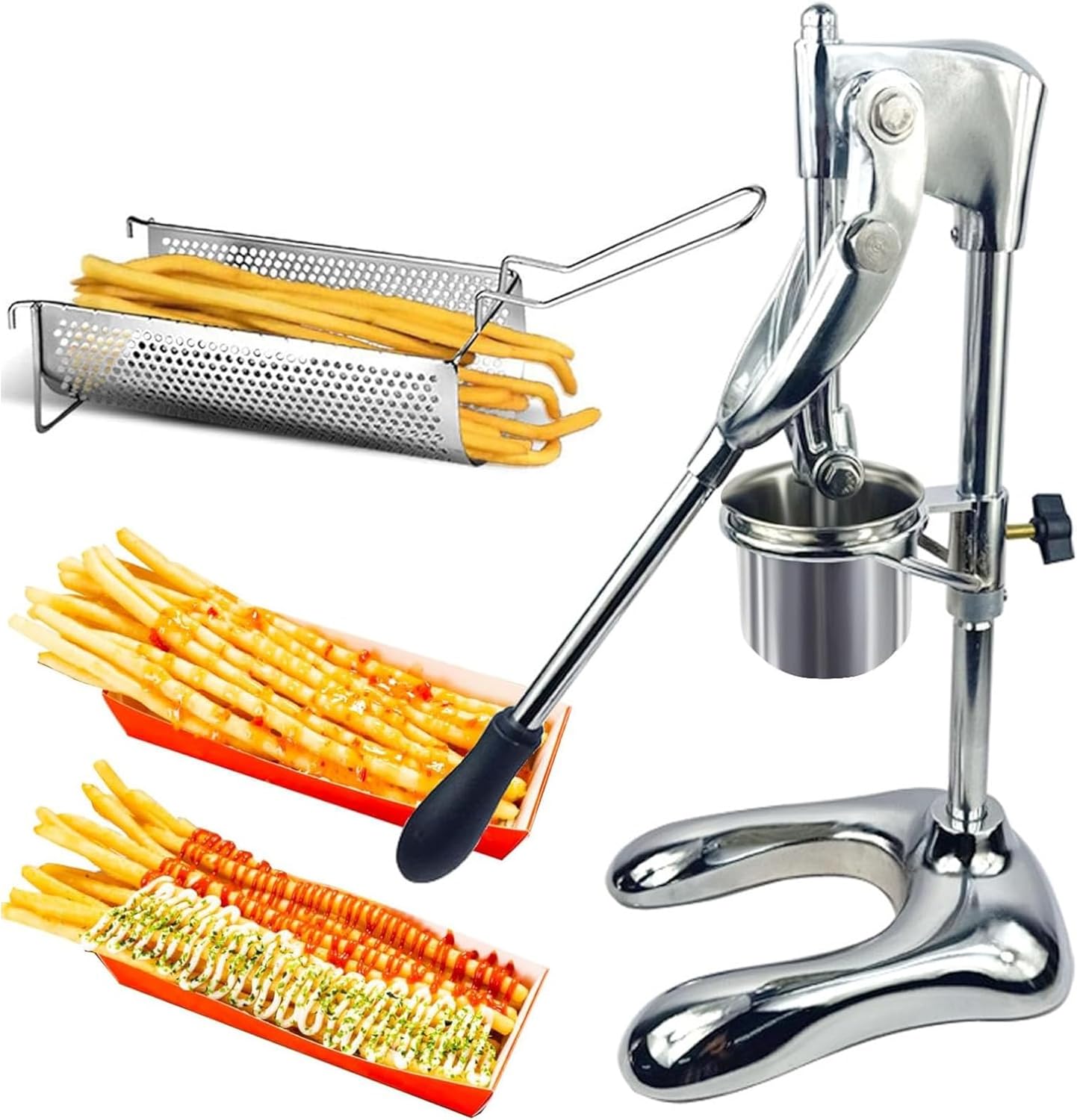 French Fry Cutter Manual, Stainless Steel Potato Slicer for Long Fries, 30cm 16-Hole Potato Strips Machine, Easy to Use Fried Chips Extruder