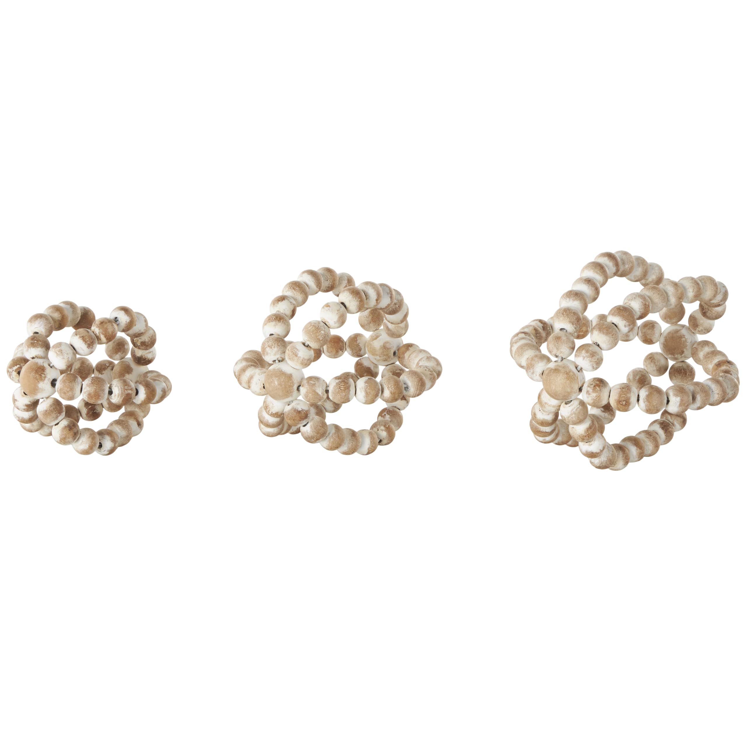 Deco 79 Wood Knot Handmade Decorative Sculpture Beaded Home Decor Statues with White Washed Distressing, Set of 3 Accent Figurines 6", 5", 5" H, Brown