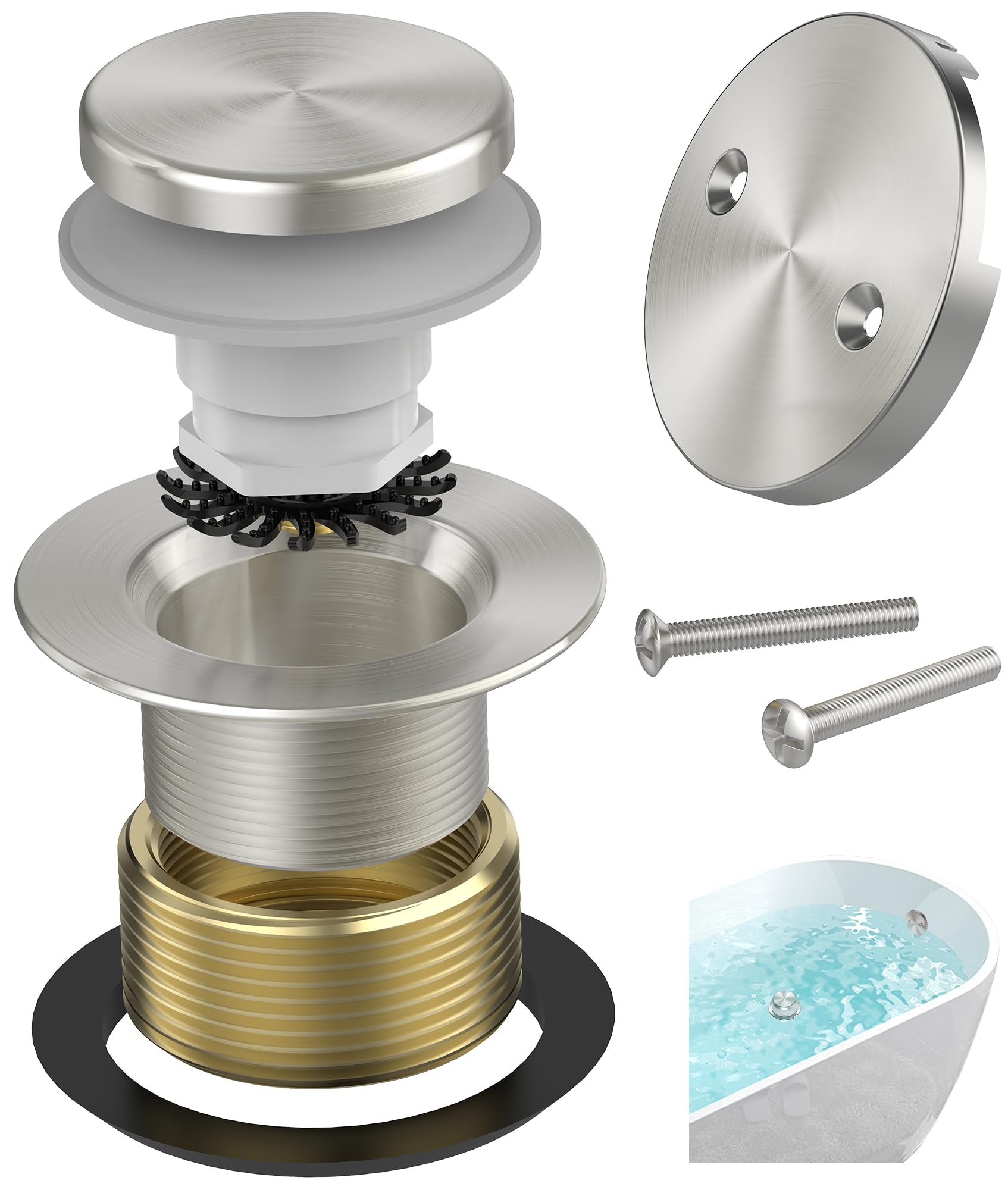Brushed Nickel Tub Drain Kit with Hair Catcher, Premium Brass Tip-Toe Bathroom Tub Drain Replacement and 2-Hole Overflow Faceplate, 11.5/16 UNC Bathtub Drain Stopper Assembly