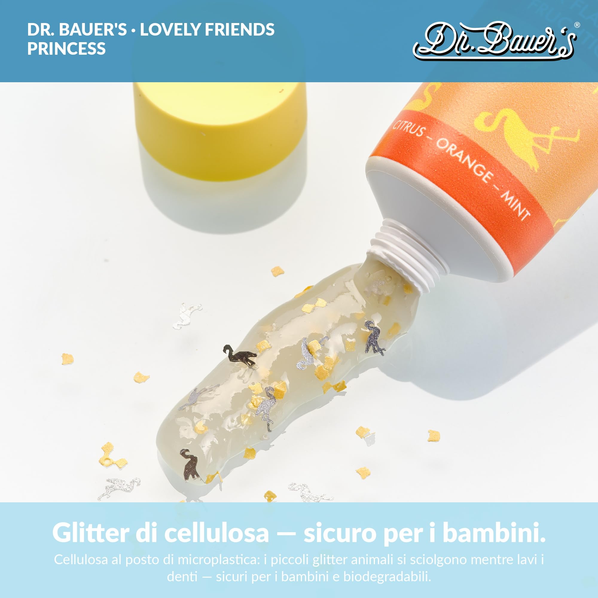 Dr. Bauer's Lovely Friends Dentifricio per Bambini dai 2 Anni – Formula Vegan con Xilitolo e Glitter Magici, Anticarie – 90ml – Principessa – Set da 5