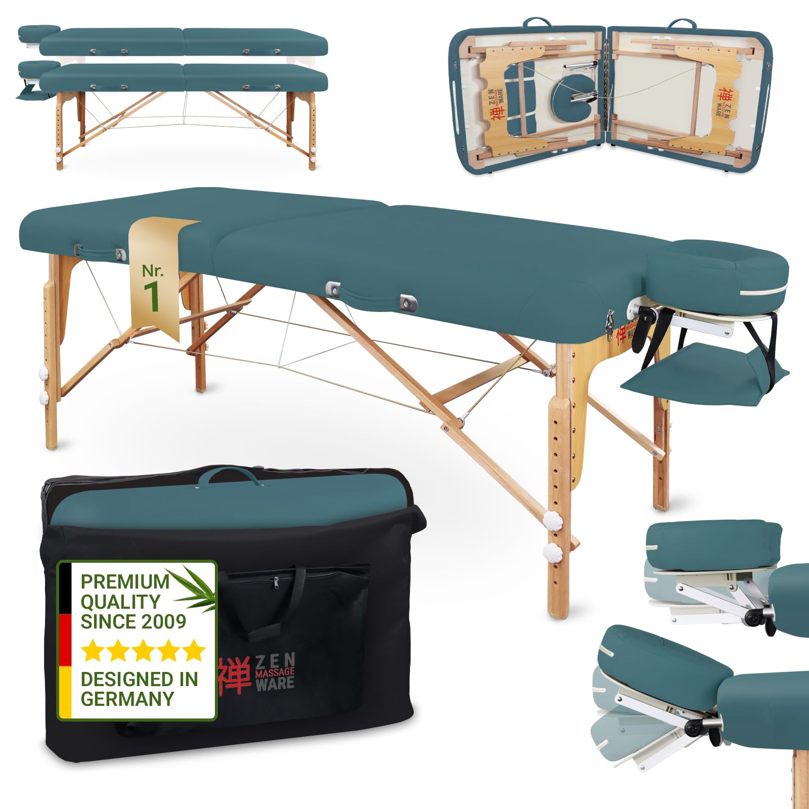 Zen Table de Massage Pliante Professionnelle, réglable en Hauteur, Bois Massif, Coins arrondis, Mobile & Stable, Facile à Transporter, compacte, Usage intensif, qualité Pro, Sarcelle