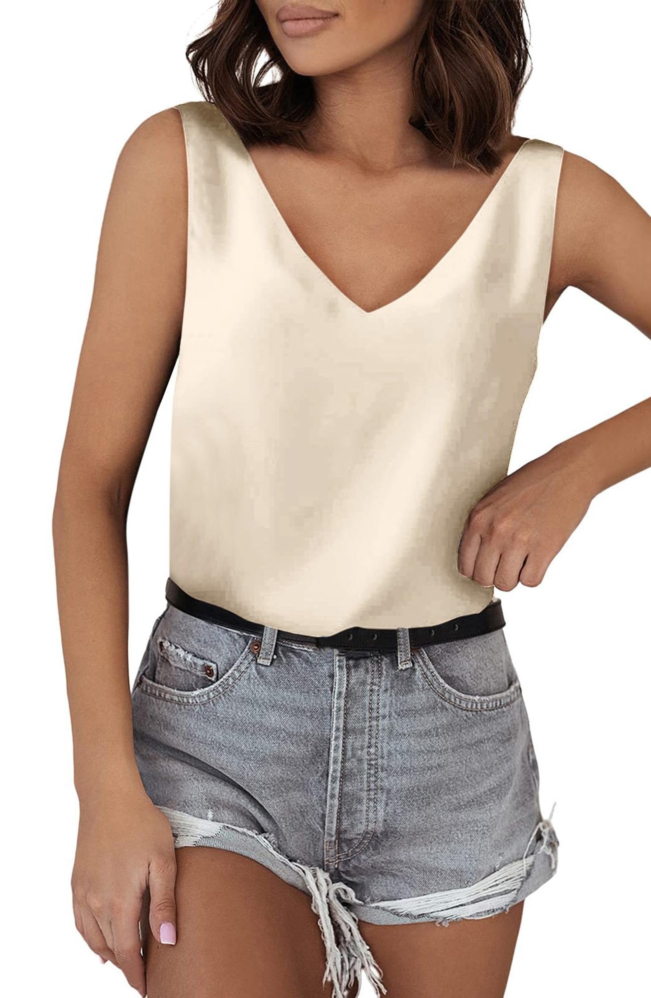 Womens V-Neck Complexion Elegant Pure Colour Ice Silk Pullover Beautifully Fresh Spring and Summer 2025