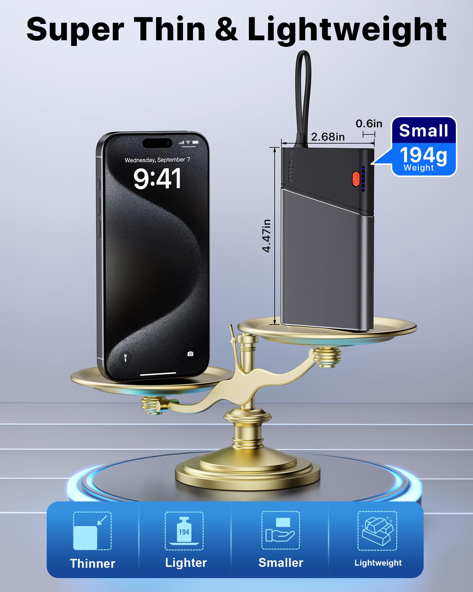 Portable Charger Power Bank, 10000mAh 22.5W PD Super Fast Charging Powerbank with Built-in USB C in&Out Cable, Slim External Phone Battery Pack for iPhone 17/16/15 iPad Samsung S24 Android etc