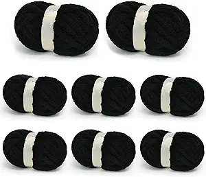 Chunky Yarn for Hand Knitting, Chunky Chenille Blanket Yarn for Crocheting, Bulky Soft Fluffy Chenille for Blanket Project, 8 Pack of 8oz/25yds, Black