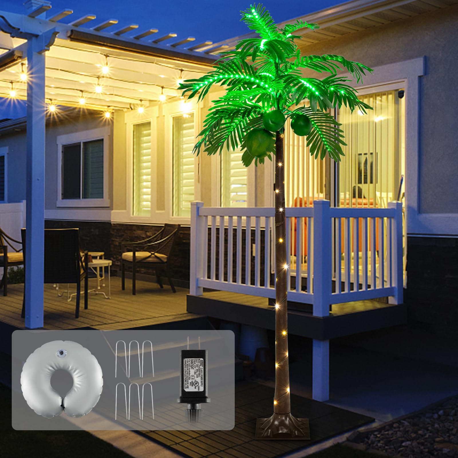 Goplus 6FT Artificial Lighted Palm Tree, Outdoor Light Up Tropical Palm Trees with 309 LED Lights, Coconuts, Water Bag, Stakes, for Outside Patio Pool Home Party Garden Christmas Indoor Decoration