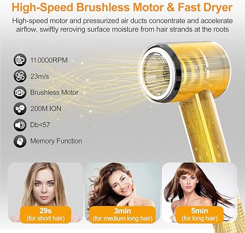 Miniatura 5 de Secador de pelo de secado rápido, secador de soplado iónico negativo con alta velocidad 110,000 RPM sin escobillas potente motor digital, bajo ruido