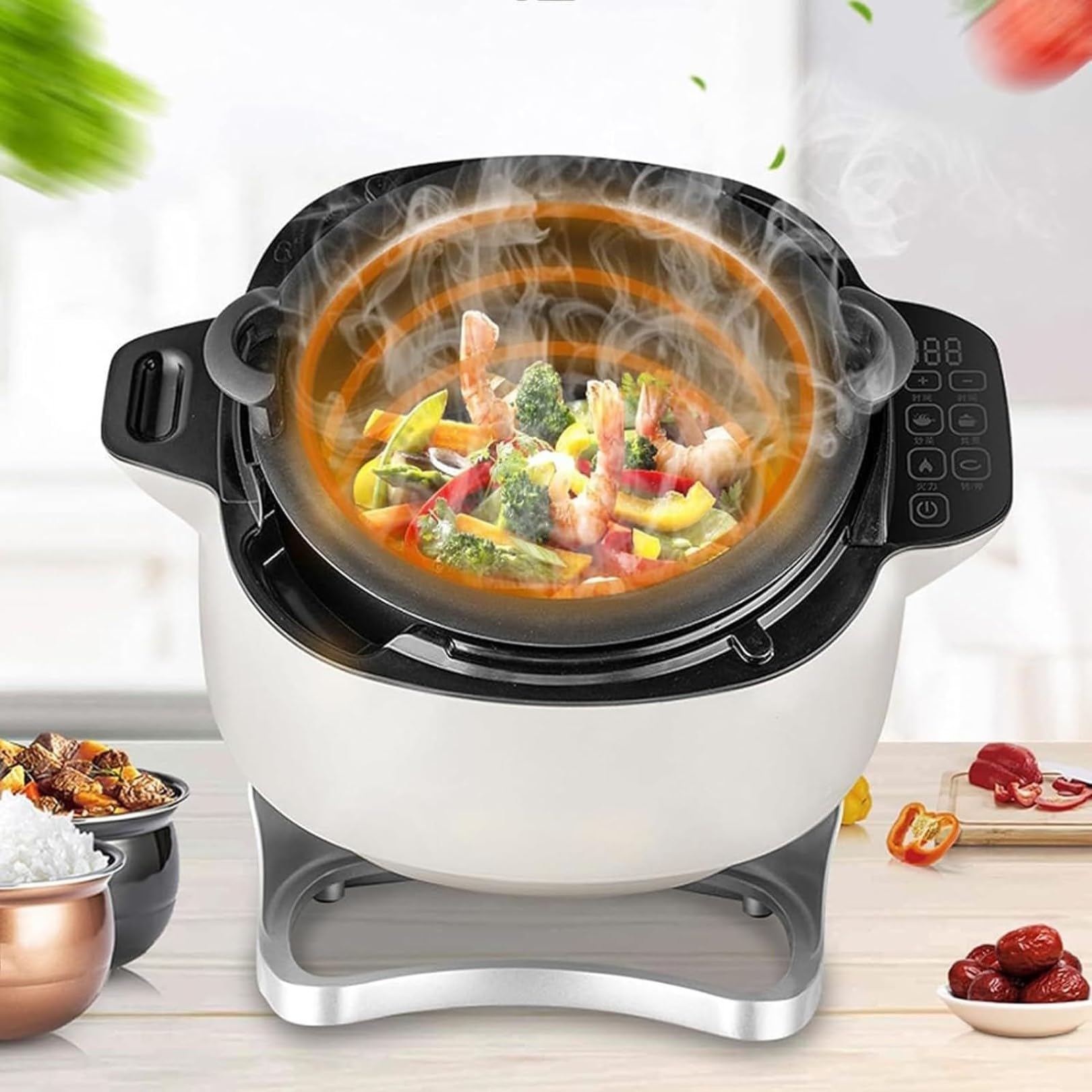 Máquina de cocción automática de 2000 W – 6 L, olla multifunción con olla giratoria de 360°, control de temperatura de 3 velocidades y 3 niveles para el hogar y restaurantes