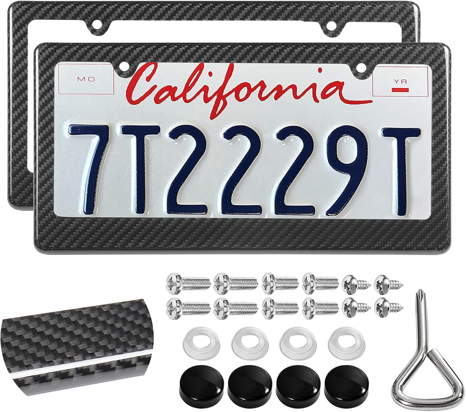 2-Pack Carbon Fiber License Plate Frame- 100% Pure Carbon Fiber Frame, Black License Plate Holder Cover with Screw Caps, Anti-Vibration Pads,2 Hole