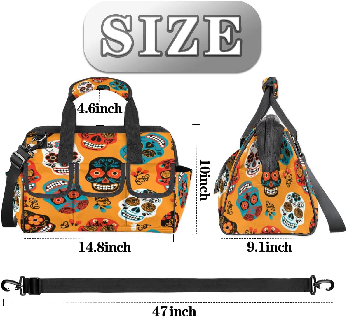 Skull Floral Printing Tool Bag for Men Women Heavy Duty Multi-Pockets Wide Mouth Tool Tote Waterproof Tool Bag Organizer with Adjustable Shoulder Strap