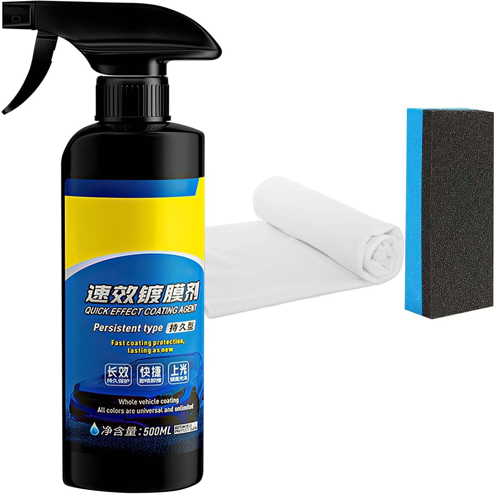 Car Coating Spray,Quick Effect Coating Agent,Quickly Coat Car Wax,Car Scratch Wax Polish Spray Waterless Wash, Oil Film Emulsion Glass Cleaner (1PC+Sponge+Cloth)