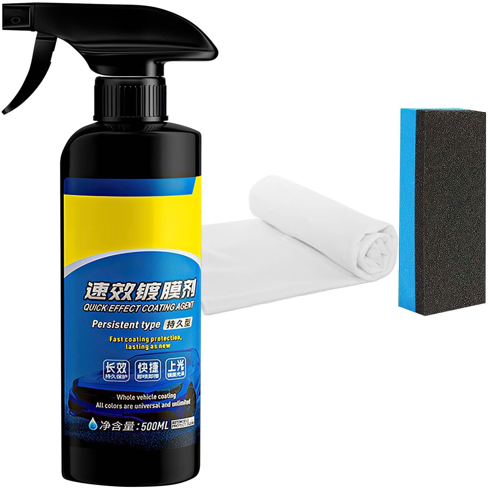 Car Coating Spray,Quick Effect Coating Agent,Quickly Coat Car Wax,Car Scratch Wax Polish Spray Waterless Wash, Oil Film Emulsion Glass Cleaner (1PC+Sponge+Cloth)