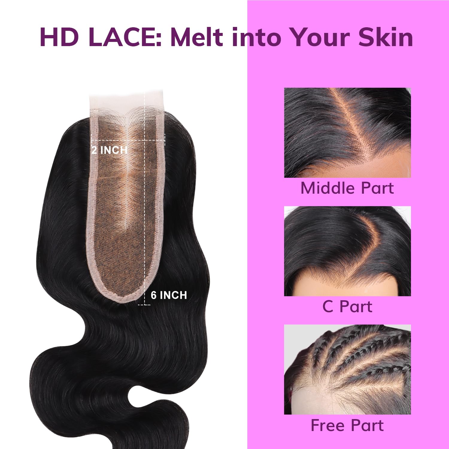 IDN BEAUTY SKINLIKE REAL HD 2X6 Lace Closure Human Hair 14 Inch Body Wave Closure Bleached Single Knots HD Closure Ultra-thin 2x6 Lace Closure Virgin Human Hair 0.1 mm Pre Plucked Hairline Closure