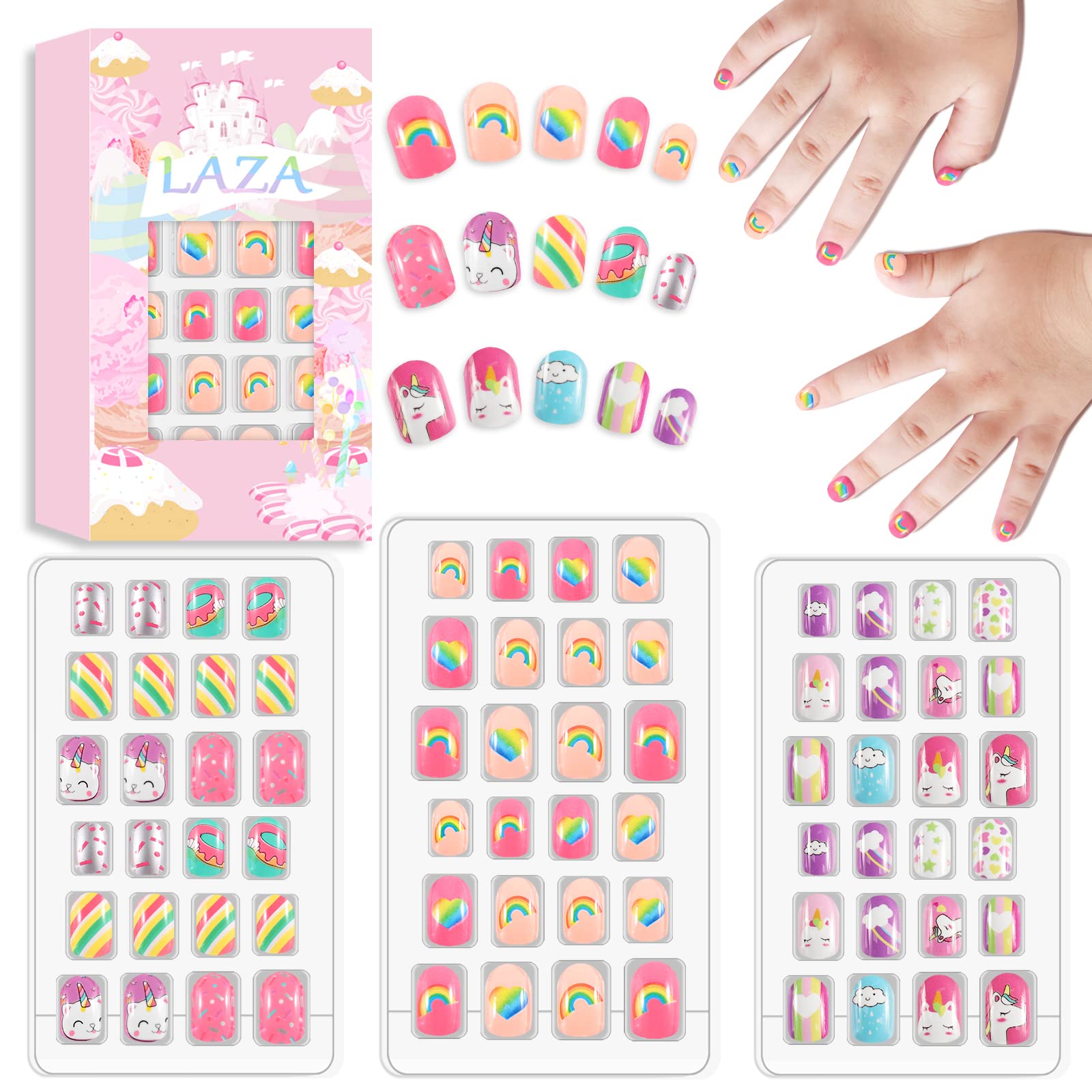 Laza Kit di 72 unghie finte per bambini, a pressione, copertura completa, rosa, giallo, blu, cuore, ciambella, nuvola, unicorno, corte, per bambini, adolescenti, ragazze, rosa arcobaleno