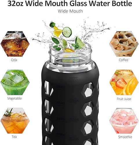 Miniatura 5 de MUKOKO Botellas de agua de vidrio de 32 onzas con 2 tapas, tapa de boquilla con asa y tapa de popote de bambú, vaso de agua motivacional con