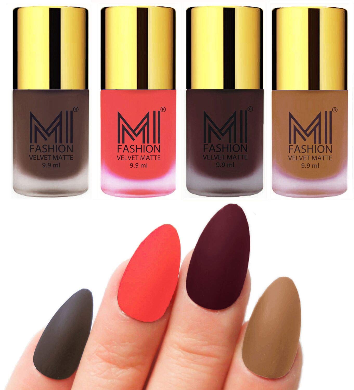 MI FASHION Velvet Matte Nail Polish Packs Pigmented With High Ingredients 9.9ml Coffee, Neon Orange, Wine, Dark Nude (Pack Of-4)-image-2