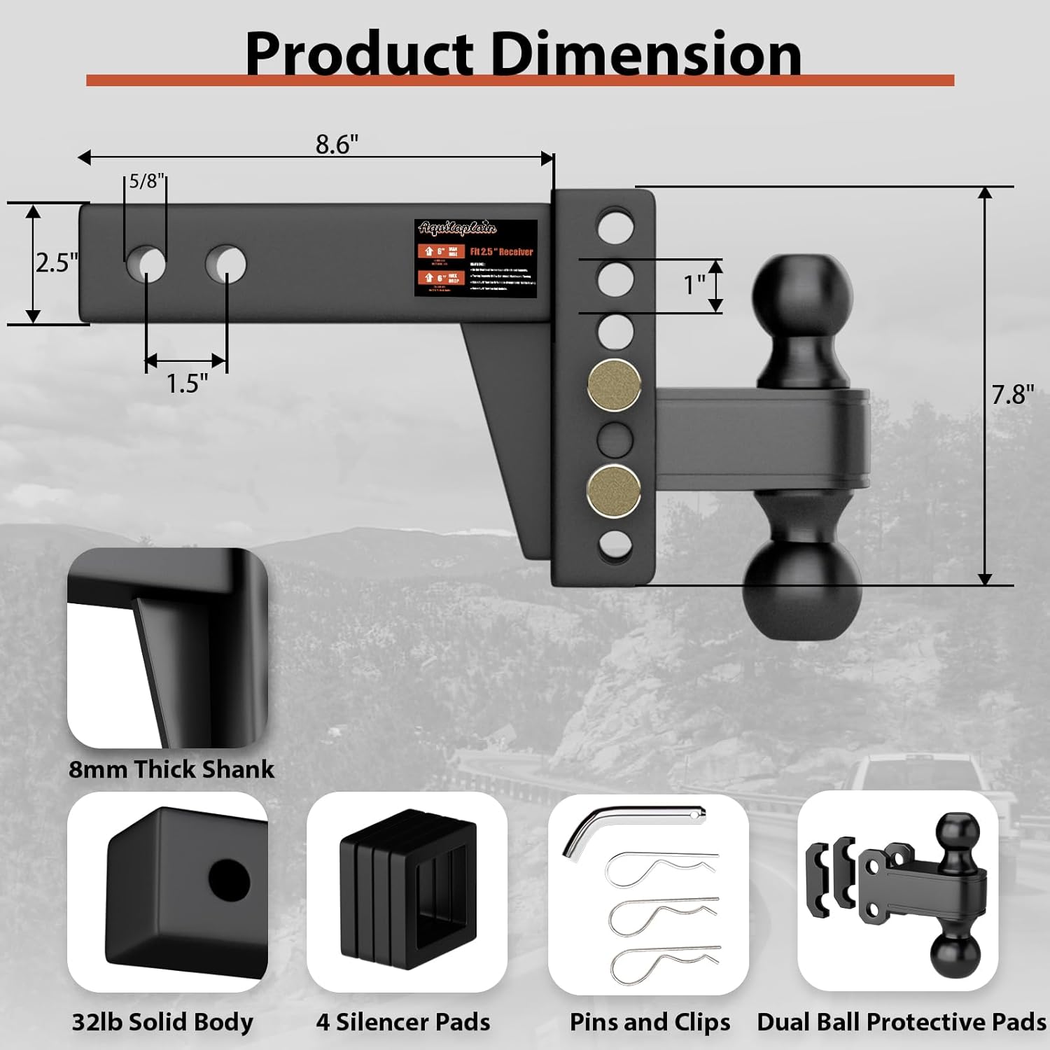 2.5 inch Adjustable Trailer Hitch 2-1/2 Receiver Drop Hitch Fits 2.5" Receiver 4" Rise/Drop, 2'' & 2-5/16'' Ball 25000 LBS Heavy Duty for RVs, Campers, Boat Trailer